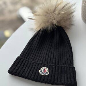 NWT Moncler Black Virgin Wool Ribbed Beanie with Pom Pom